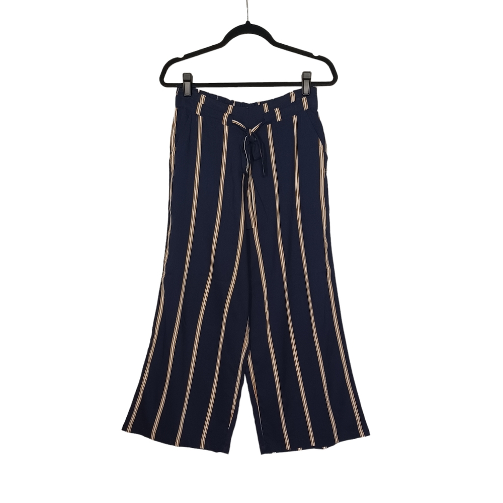 VOLCOM Navy Blue Pinstripe Yellow White Print Stretchy Wide Leg Pants Small